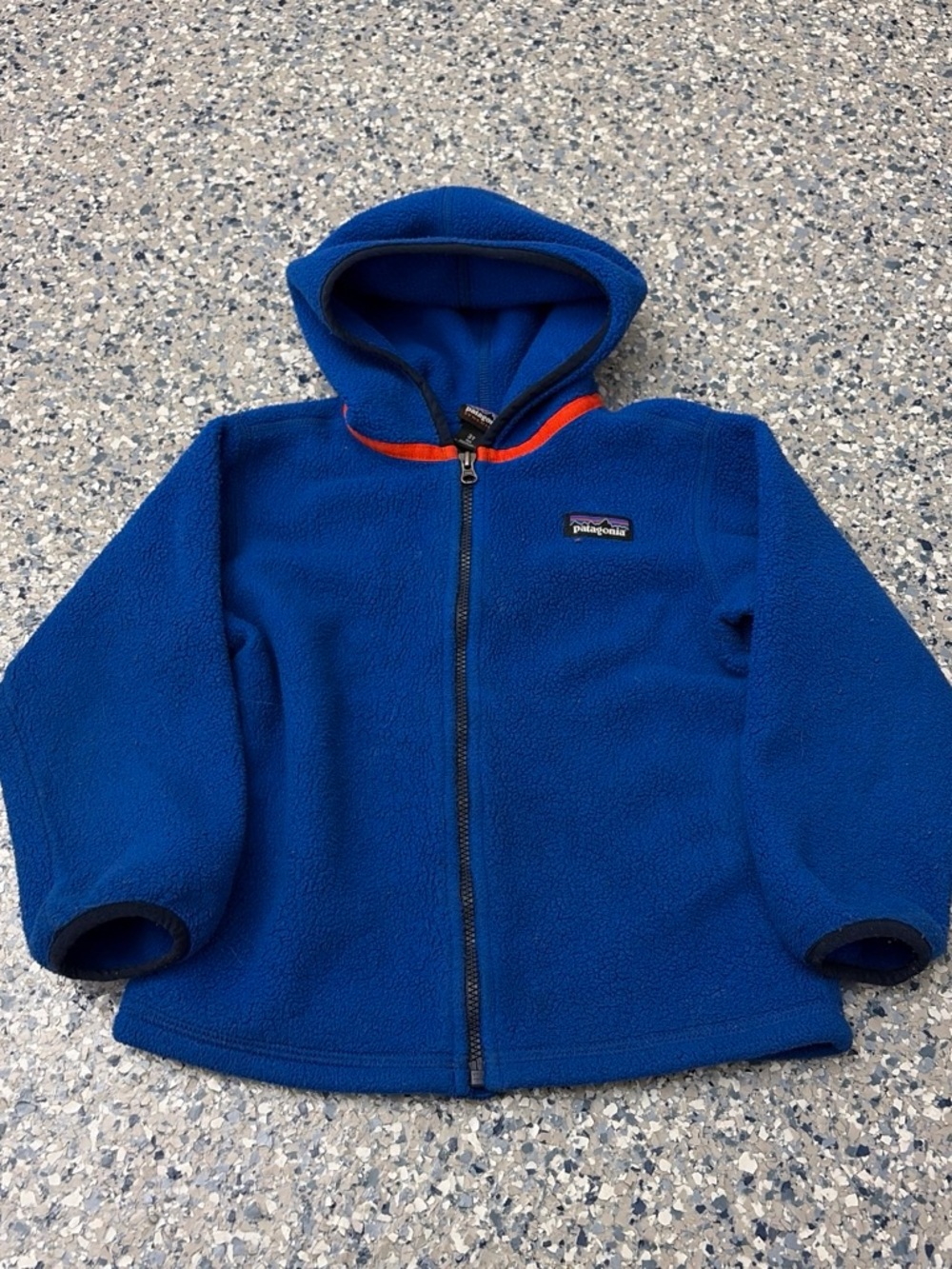 Patagonia Kids Royal Blue Fleece Hoodie with Orange Trim
